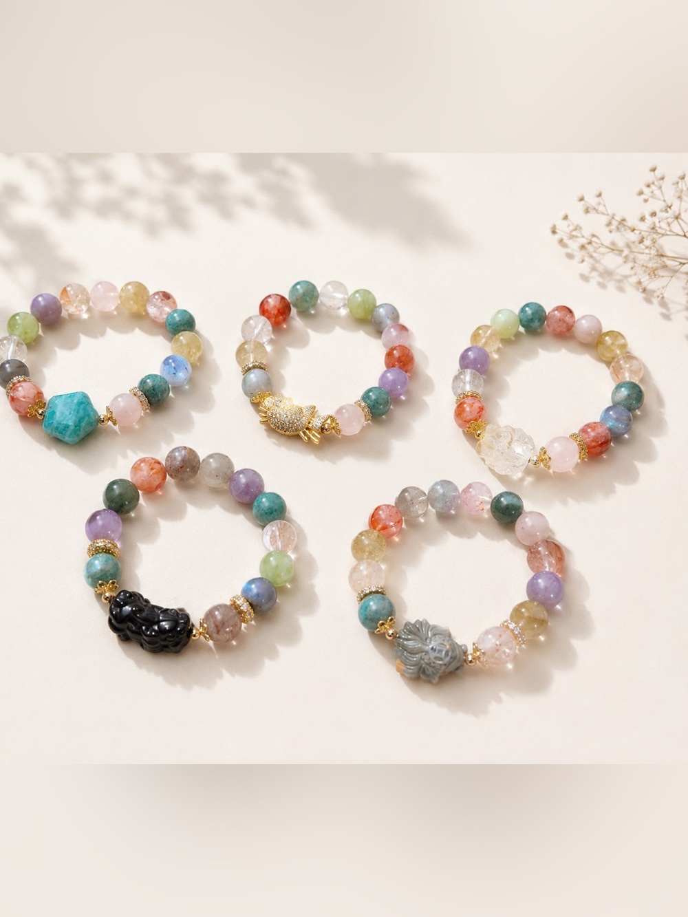 Handmade Summer Natural Multicolor Gemstone Beaded Bracelet with Unique Charm